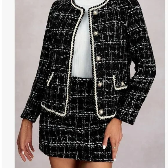 2 Piece Outfits Plaid Button Front Long Sleeve Tweed Set Suit